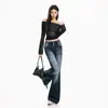 Calça jeans feminina transfronteiriça, levemente flare, lavada, estilosa, com bom caimento, estilo americano, de três botões, azul-acinzentado lavado, calça comprida, extra longa