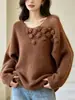 Suéter pullover floral tridimensional de estilo francés, novedad de principios de otoño 2026, tejido fino, suave y holgado para mujer