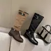 Otoño 2026 Nuevo Color Block Hebilla Metálica Botas Caídas Hasta la Rodilla Botas Retro Western de Media Caña Botas Altas para Mujer