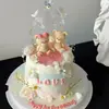 14.02 Dia dos Namorados Urso Sentado Decoração de Bolo Ornamento Guarda-chuva Pequeno Transparente Casal Confissão Decoração de Confeitaria de Feriado