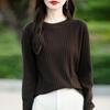 Manta de Algodón para Mujer Color Línea Encaje Cuello Redondo Suéter Tejido Otoño e Invierno Nuevo Raya de Hoyos Manga Larga Suelto Camiseta Base de Punto Suéter