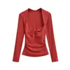 Atacado de Roupas Femininas Transfronteiriças Estilo Europeu e Americano Nova Coleção Primavera 2026 Camiseta Manga Longa Slimming com Design Torcido Decote V