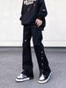 Pantalones vaqueros negros retro de estilo americano de High Street con botones para hombre, holgados, estilo micro-high street hip-hop, ajustados y funcionales.