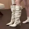 Botas de Caballero Chuyuji de Punta Fina con Tacón Alto y Hebilla, Botas de Plataforma Fruncidas Vintage Hot Girl, Botas Largas Adelgazantes y Elegantes para Mujer