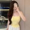 Camisole Colete Amarelo Leite Ajustável com Bojo Feminino Verão Cintura Franzida Roupa Externa Costas Bonitas Top Curto para Usar por Baixo