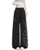 Pantalones de Chándal Anchos Casuales para Mujer con Letras de Pedrería Estilo Retro Americano Color Sólido Simple Holgados Adelgazantes Versátiles de Pierna Ancha