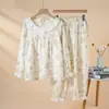 Pijama para Mujer, Primavera y Otoño, Algodón Puro, Gasa de Algodón de Doble Capa, Cuello Redondo, Encaje, Conjunto de Pantalones de Manga Larga, Holgado, Talla Grande, Dulce Ropa para el Hogar