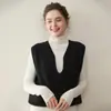 Chaleco de punto de cachemira de color liso de doce puntos para mujer con cuello en V profundo, corte holgado, adelgazante, prenda exterior