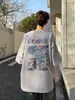 Camiseta de Manga Corta con Cuello Redondo Estampado del Monte Fuji para Hombre Verano 2025 Delgada Moda Americana High Street Marca Ropa de Pareja de Manga Tres Cuartos