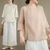 Camisa de verano de nuevo estilo con cuello redondo y manga de tres cuartos para mujer, camiseta artística estilo Zen chino bordada vintage de corte holgado con un toque elegante