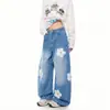 Calça jeans lavada com bordado floral estilo retrô americano para homens, calça longa casual de perna reta para primavera/outono de 2026 para casais