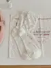 Calcetines Blancos de Flores de Lunares~ Algodón Peinado Malla de Raya Vertical Transpirable Huecos Estilo Verano Fino para Mujer Ins Borde Fruncido Calcetines de Media Pantorrilla