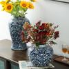Vaso Cerâmico Novo Estilo Chinês Padrão Folha Azul Azul e Branco Vaso de Cerâmica Jingdezhen Estilo Chinês Decorações para Sala de Estar