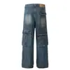 Jeans Sueltos de Moda Nacional de Nicho Teñido Sucio con Herramientas Viejas para Hombres y Mujeres, Pantalones Anchos Sueltos de Calle con Bolsillos Tridimensionales