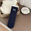 Meias azul escuro femininas outono e inverno novas estilo miu xadrez laço floral meias de cano médio meias doces com babados de renda