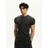 Camiseta de verano para hombre, manga corta, cuello Henry negro, ajuste muscular con puños cónicos, estilo chico rudo, manga corta estilo old money americano