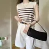 Top de punto de seda helada a rayas de bloques de color estilo francés para mujer, chaleco de camiseta sin mangas delgado elegante de alta gama para verano, ropa única