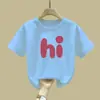 2364# Camiseta de Algodón para Niños Verano Manga Corta Holgada Estilo Coreano Cinta con Letras Top Casual para Niños y Niñas