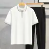 Camisa Polo de Manga Corta Estilo Ligeramente Maduro para Hombre, Camiseta de Verano de Seda Helada de Manga Media, Camiseta Casual de Moda Coreana con Bloques de Color y Cuello para Hombre