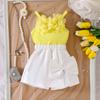 Conjunto Dulce de Verano Europeo y Americano Exclusivo Transfronterizo para Niños Pequeños con Pantalones y Falda de Tirantes Florales 3D con Lazo