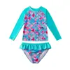 Conjunto de traje de baño de dos piezas para niñas, traje de baño de manga larga con diseño de escamas de pez, adecuado para niños mayores, traje de baño para protección solar en la playa con alta elasticidad Escamas de pez