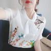 Camiseta de verano para mujer, de manga corta, estilo coreano, con efecto adelgazante, estampada, antiedad, versátil, estilo extranjero, con cuello tipo bufanda que cubre el vientre, camisa para madre