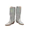 Botas Femininas de Cano Alto Cor Sólida para Outono e Inverno, Tamanhos 35-46, Bico Fino, Salto Quadrado, Zíper Lateral, Botas Leves de Salto Alto com Franjas para Mulheres