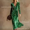 Vestido Transfronteiriço Novo Estilo com Decote em V e Mangas Longas com Elementos de Impressão Digital 3D, Saia Fashion e Personalizada para Marcar a Cintura Feminina