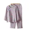 Conjunto de pijama jacquard tingido em fio 100% algodão, estilo nacional, manga longa, calça longa, feminino, para as quatro estações, fino, gola redonda, pulôver, conjunto de roupa para casa, pode ser usado fora