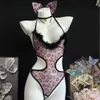 Xiyun Lencería Sexy Estampado de Leopardo Linda Chica Gato Mono Pierna Abierta Uniforme Tentación Conjunto de Pijama 4650