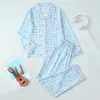 Cardigan Pajama de Bolhas Amassadas para Comércio Exterior Transfronteiriço para Mulheres, Manga Longa e Calça Longa Respirável Casual Roupa de Casa Conjunto Simples Estampado