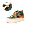 Sandalias de Piel Genuina para Mujer 2026 Verano Nuevo Estilo Retro Estilo Étnico Bloque de Color Punta Cerrada de Caña Alta Calado Zapatos de Mujer