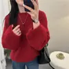 Suéter Vermelho de Malha Macia com Mangas Longas para Mulheres, Novo Estilo Outono e Inverno, Caimento Solto, Emagrecimento, Versátil, Malha Suave e Aconchegante