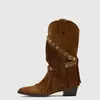 Botas western cowboy Melard retrô com franjas para mulheres, bico fino, salto grosso, botas da moda, uso bidirecional destacável, botas de rebite de cano médio