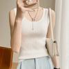 Camisola de punto de lana fina de verano para mujer, cuello en U, corte entallado, adelgazante, base de color liso