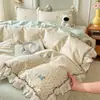 Juego de cuatro piezas de estilo girly de algodón para dormir sin nada, sábana bajera 100% algodón puro, funda de edredón con estampado activo fresca y delicada 4