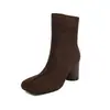 Botas de moda para todas as estações, com bico quadrado, salto grosso, de borracha TPR adesiva para artesanato, botas curtas para o dia a dia