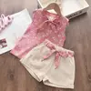 Roupas Infantis Verão 0-4 Anos Menina Estilo Boho Floral Sem Mangas Colete Shorts Conjunto de Duas Peças em Estoque