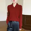 Suéter de tricô 100% lã estilo francês com decote V para mulheres, design moderno com gola de lapela, camada base quente para outono e inverno