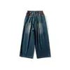 Rumen Meng Jeans de Rua Tendência Japonesa Bloco de Cores Bolso Perna Larga Homem Outono Solto Lavado Desgastado Perna Reta Calça Longa