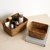 Cesta de Armazenamento Simples Trançada Cesta de Armazenamento de Lanches e Diversos de Mesa Cesta Retangular Trançada de Palha Doméstica Organizador de Cosméticos