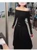 Vestido negro de manga larga con hombros descubiertos para mujer, pequeño vestido negro que ciñe la cintura, adecuado para cuerpo tipo pera, vestido de gala largo Berkeley Gaozhi