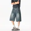 Shorts Jeans com Padrão de Relâmpago para Homens, Estilo High Street Europeu e Americano, Workwear Cool, Calça Trendy de Verão de Tamanho Grande e Perna Larga