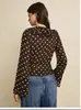 Top de Lunares Nuevo Transfronterizo Europeo y Americano Cuello en V Ceñido a la Cintura Retro Francés Suave Adelgazante Camisa de Manga Larga para Vacaciones