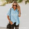 Camisa de Mezclilla Fina de Manga Corta para Mujer, Comercio Transfronterizo, Cuello Campana, Mangas Enrolladas, Doble Bolsillo, Camisa Casual Holgada al por Mayor
