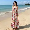 Tirantes AjustablesVestido de playa estilo vacacional, nuevo modelo de verano con estampado de pintura al óleo, vestido de cola de pez con cinturón ajustador en la cintura