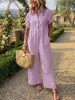 2026 Europeu e Americano Transfronteiriço Comércio Exterior Novo Verão Férias Listrado Lapela Botão Camisa Macacão Roupas Femininas