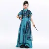 Nova Roupa de Performance Nacional Estilo Chinês para Meninas, Camisa Azul Estampada Bordada, Calça de Perna Larga, Traje de Performance de Dança