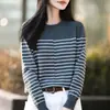 Suéter clássico de malha de algodão puro com gola redonda e listras para mulheres, suéter pullover casual outono/inverno em color block preto e branco, peça básica de manga longa.