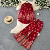 Conjunto de Duas Peças Estampado Estilo Étnico Vintage para Mulheres, Outono Manga Bufante Gola Polo Slim Fit Calça de Cintura Alta Elegante